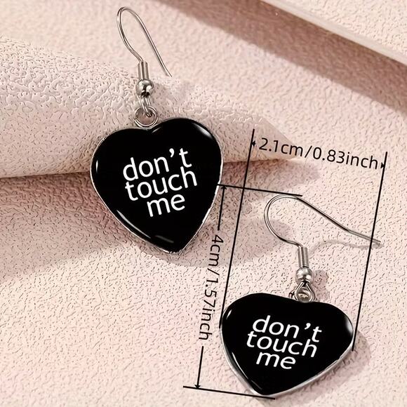 Goth Emo Anti Social Black Heart Don't Touch Me Earrings - Picture 3 of 4